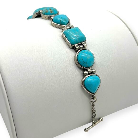 Burnished Silver Bracelet Turquoise Multi Shaped Semi Precious Stone Howlite - Picture 4 of 11